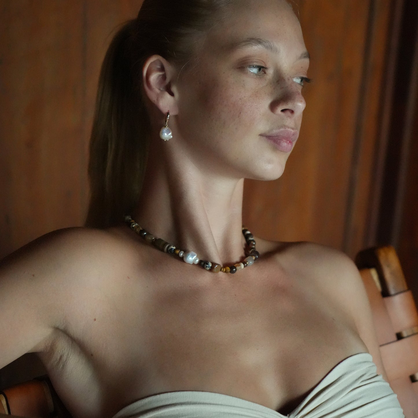 CALA necklace from After-Sun Hours, warm brown and cream beaded strand finished with pearls.