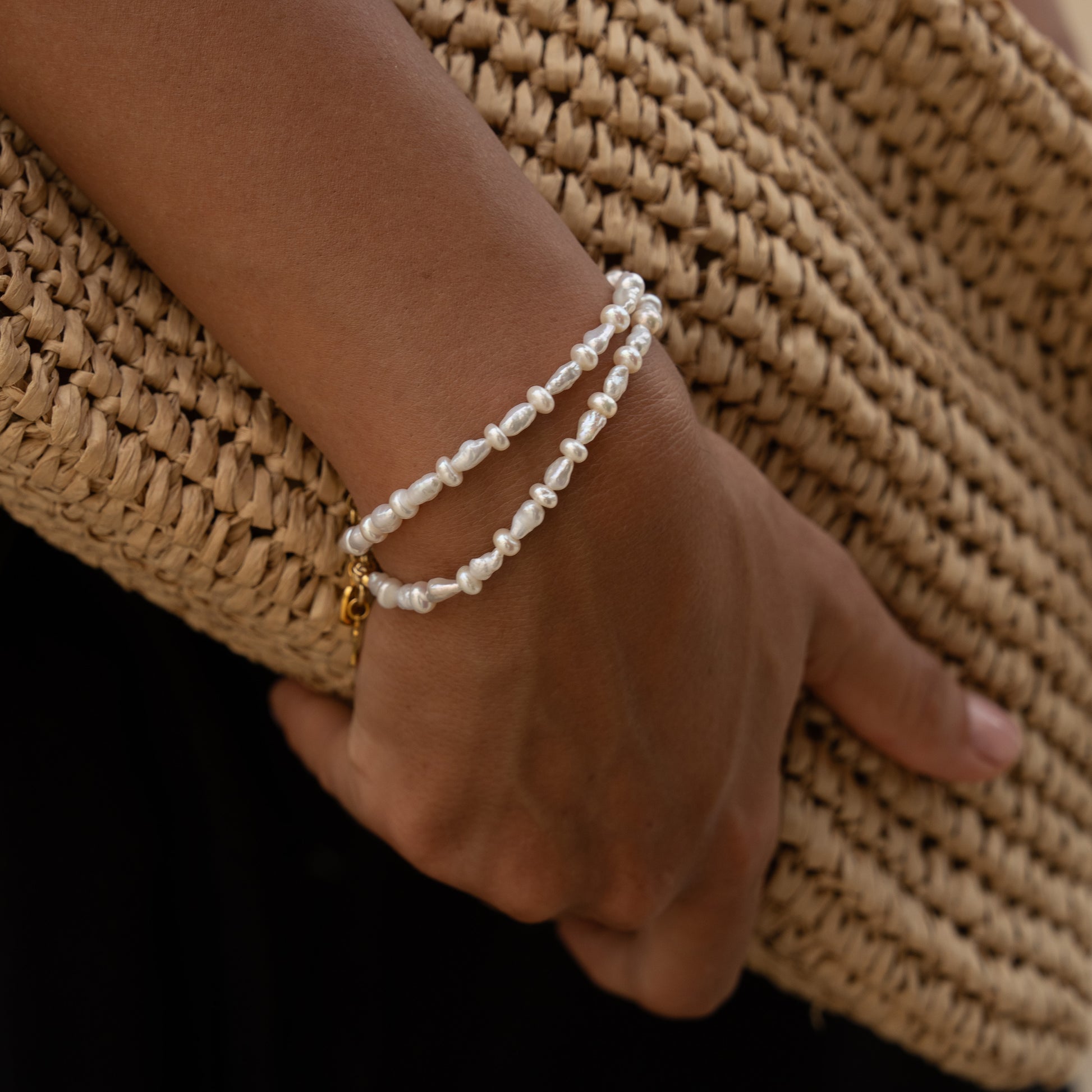 BIJI bracelet from After-Sun Hours, a row of button and keshi pearls.