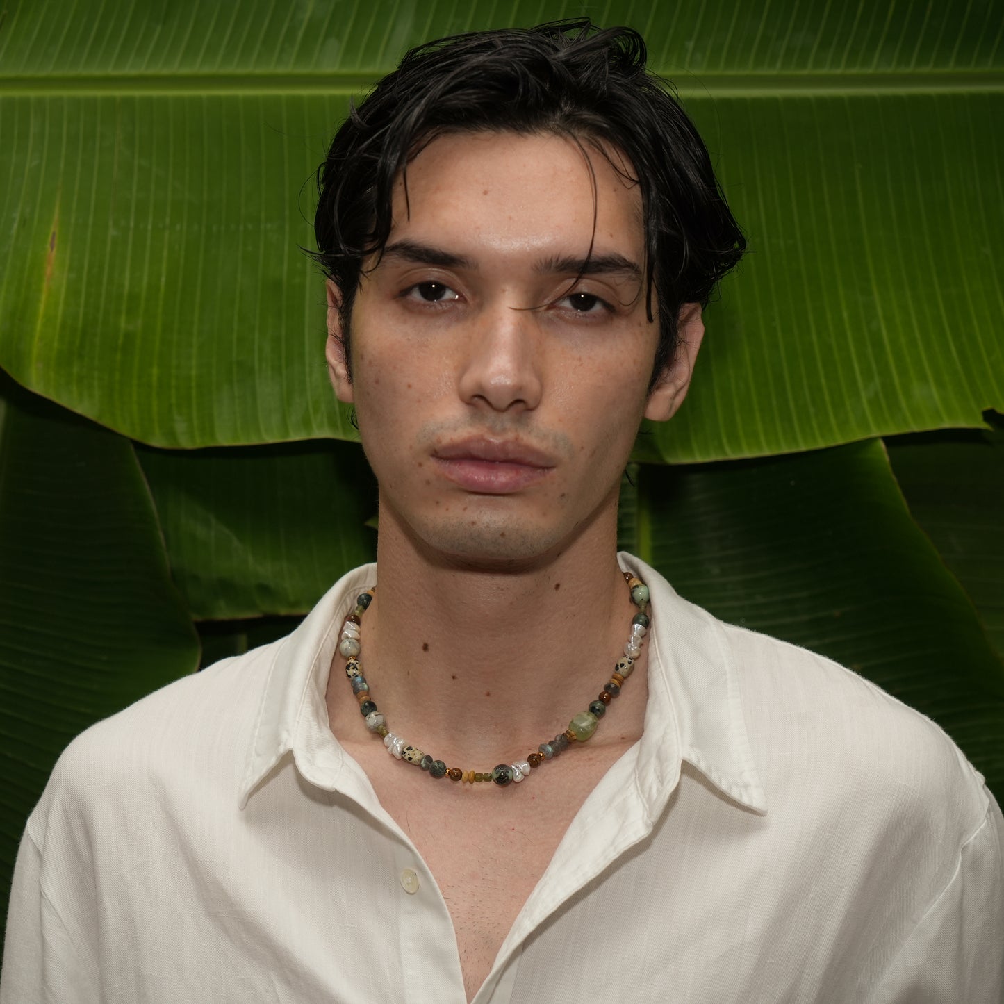 KAKADU necklace from After-Sun Hours, deep green beaded strand with keshi pearls.