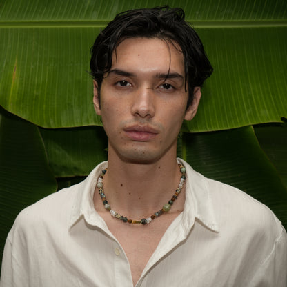 KAKADU necklace from After-Sun Hours, deep green beaded strand with keshi pearls.