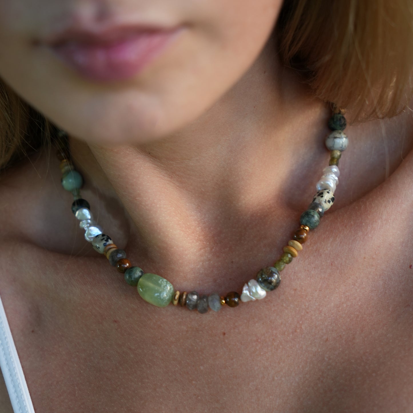 KAKADU necklace from After-Sun Hours, deep green beaded strand with keshi pearls.