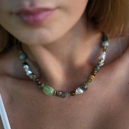 KAKADU necklace from After-Sun Hours, deep green beaded strand with keshi pearls.