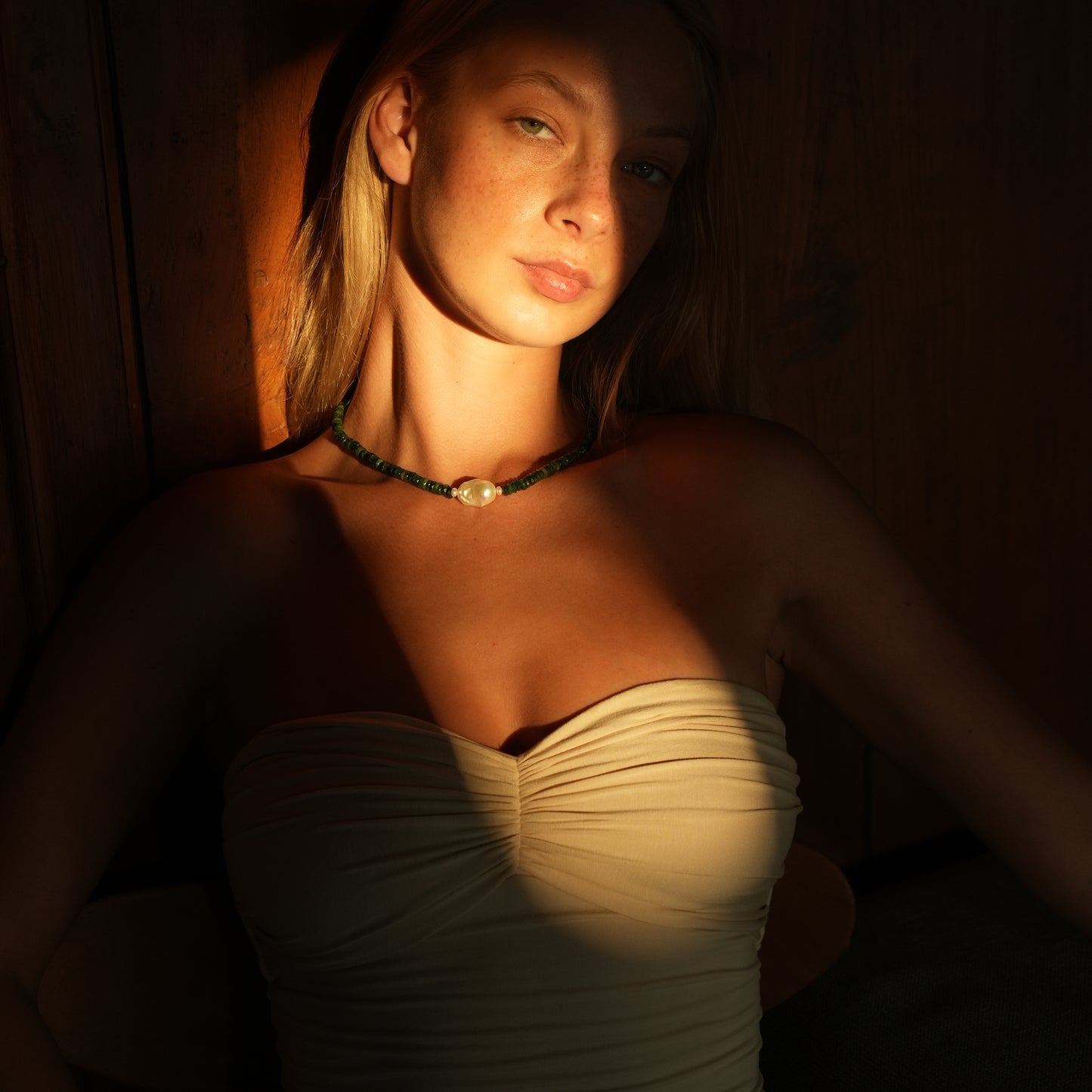WAKAME necklace from After-Sun Hours, soft green beaded strand with pearls.