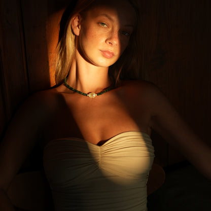 WAKAME necklace from After-Sun Hours, soft green beaded strand with pearls.